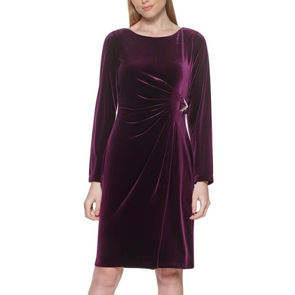 Jessica Howard Size 6 Plum Purple Velvet Embellished Sheath Dress Long Sleeve